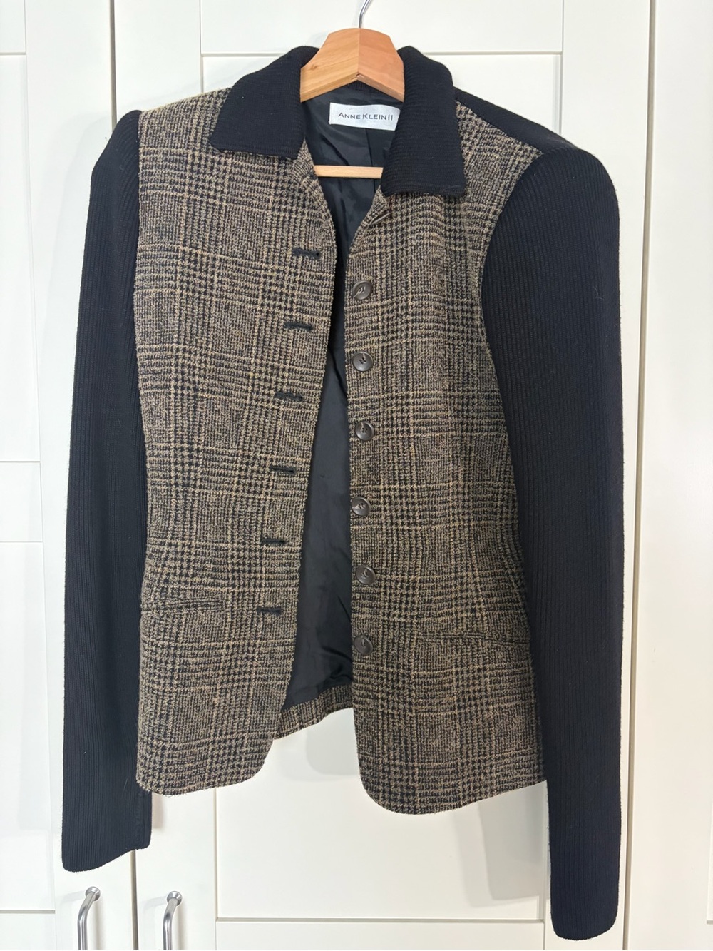 Anne Klein Black Knit-Sleeve Brown Plaid Button Jacket W